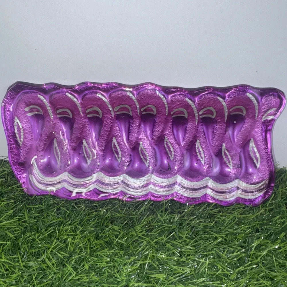Fused Art Glass Ribbon Candy Tray Blue Magenta Silver Christmas Candy Dish Set